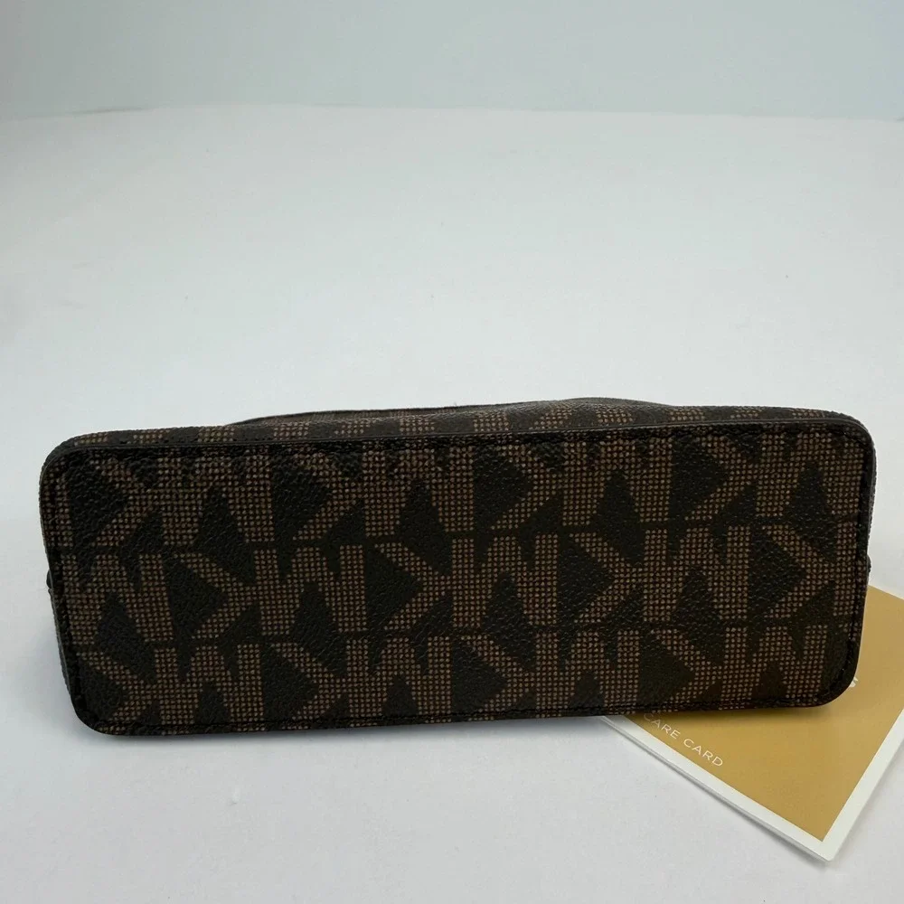 Michael Kors Brown Signature Logo Dragonfly Dome Cosmetic Pouch Bag Gold NEW
